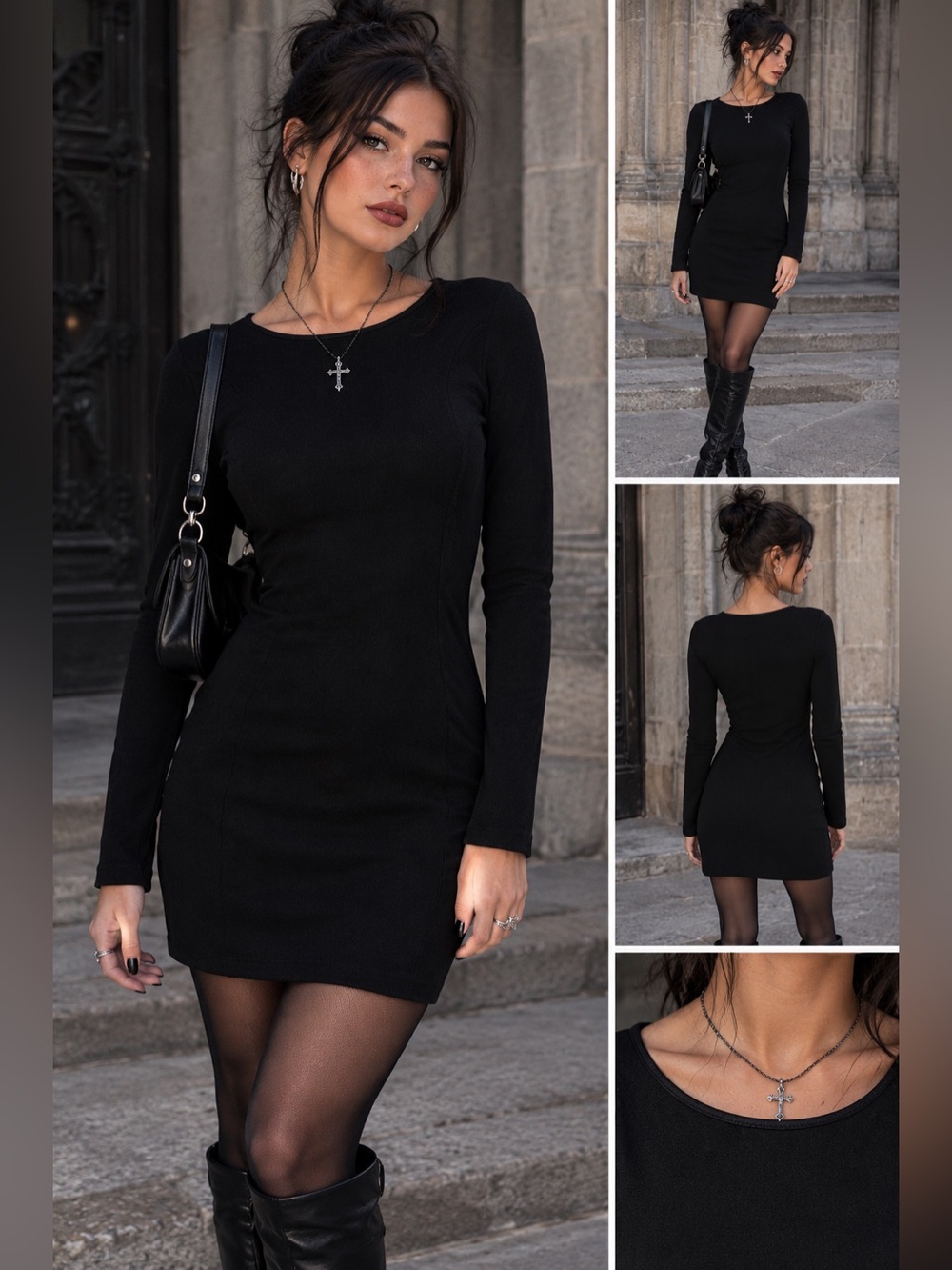 Vero Moda Black Long-Sleeve Scoop Leather Collar Indie Goth Sleeze Dress XS